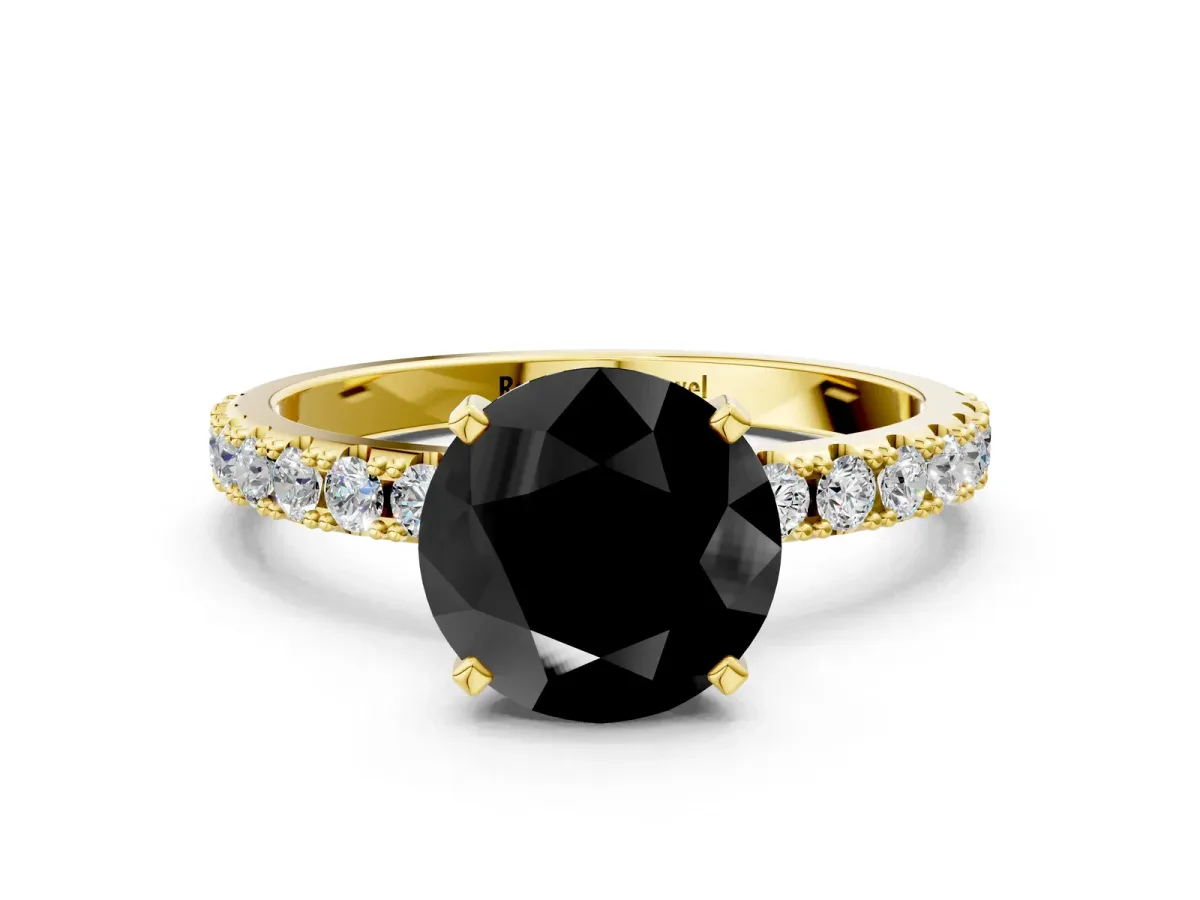 Fancy Black Round Cut Diamond Solitaire Pavé Band with Four-Prong Setting Yellow gold