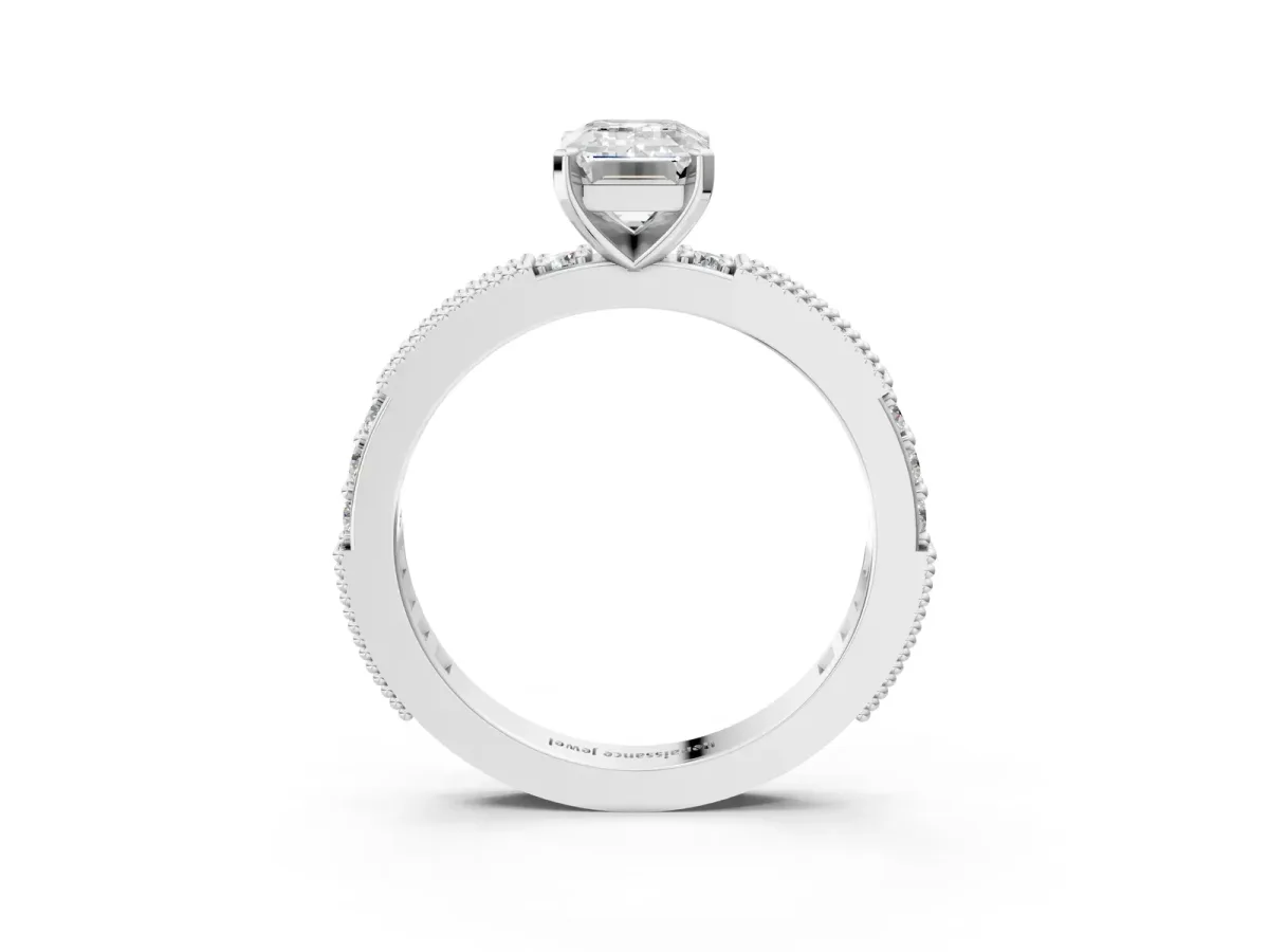 Emerald Cut Solitaire with Pavé Band and Four-Prong Setting White gold