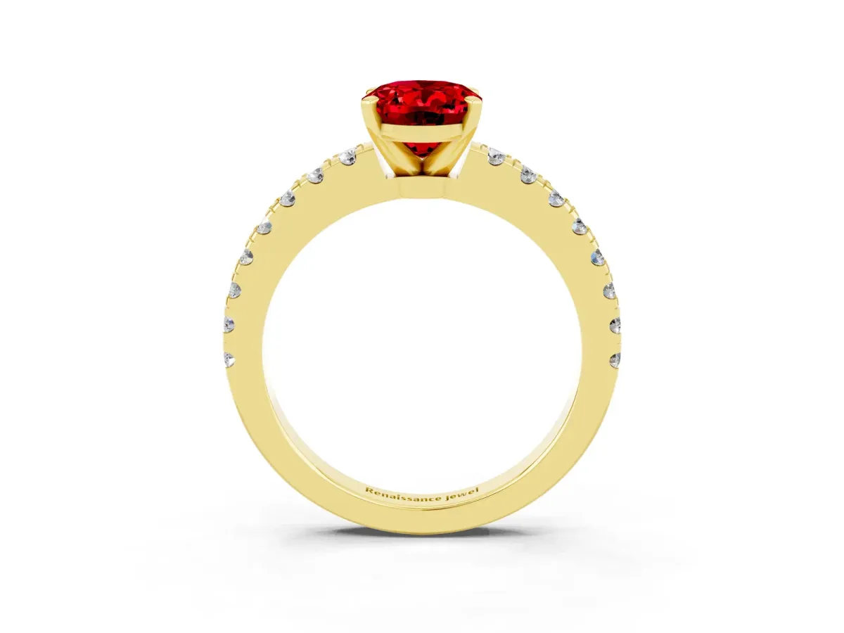 Oval Cut Solitaire Ruby with Pavé Band and Four-Prong Setting Yellow gold