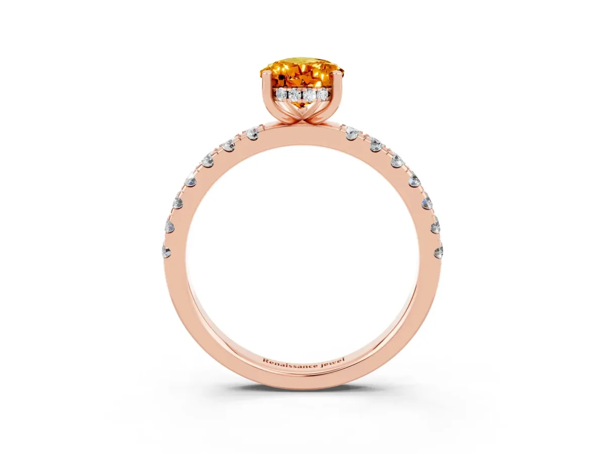 Pear Cut Citrine Pave Band Solitaire Ring with Round and Prong Setting Rose gold