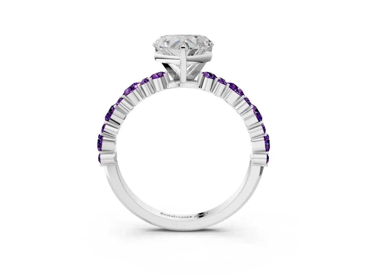 Heart Cut Diamond Side Stone Solitaire Ring with Round Amethyst and Four-Prong Setting Platinum