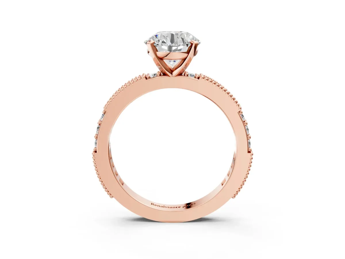 Round Cut Solitaire with Pavé Band and Four-Prong Setting Rose gold