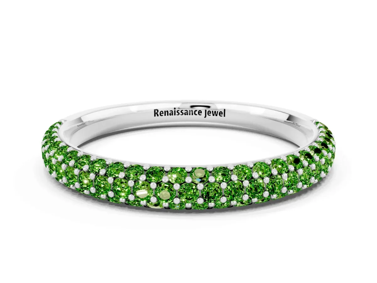Round Peridot Pavé Eternity Band with Shared Prong Setting Silver