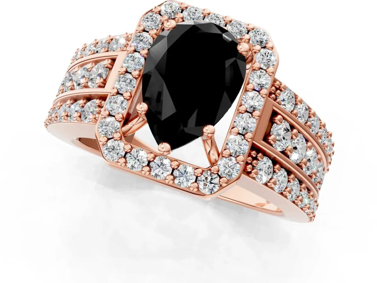 Fancy Black Pear Cut Halo Diamond Ring with Round Split Shank and Prong Setting Rose gold