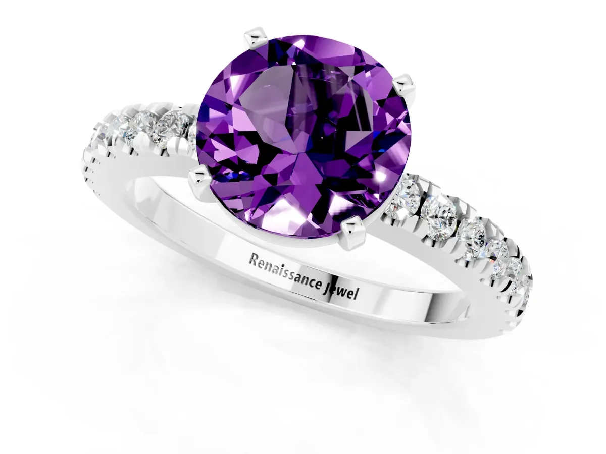 Round Cut Solitaire Amethyst with Pavé Band and Four-Prong Setting Silver