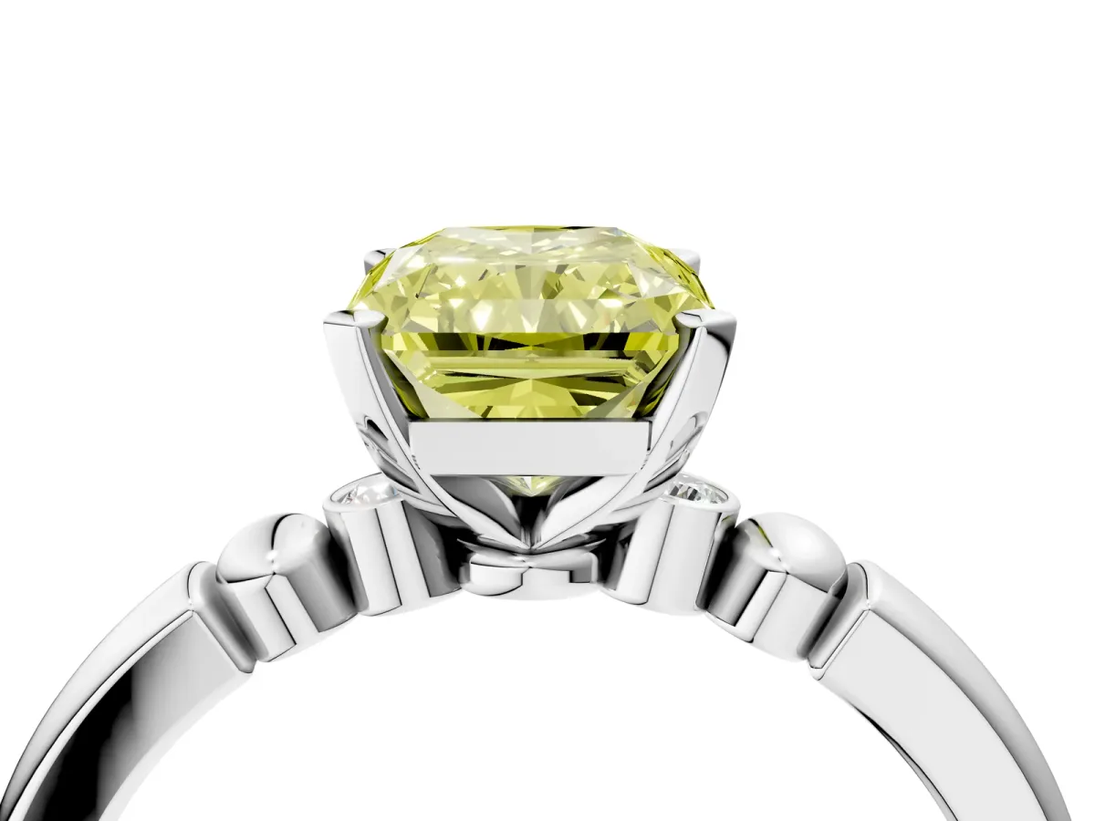 Fancy Yellow Radiant Cut Solitaire Beaded Band with Four-Prong Setting Platinum