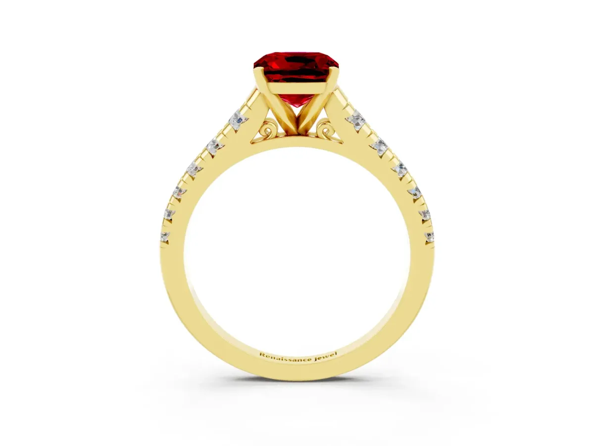 Cushion Cut Ruby Cathedral Solitaire Ring with Round Pavé Band Yellow gold