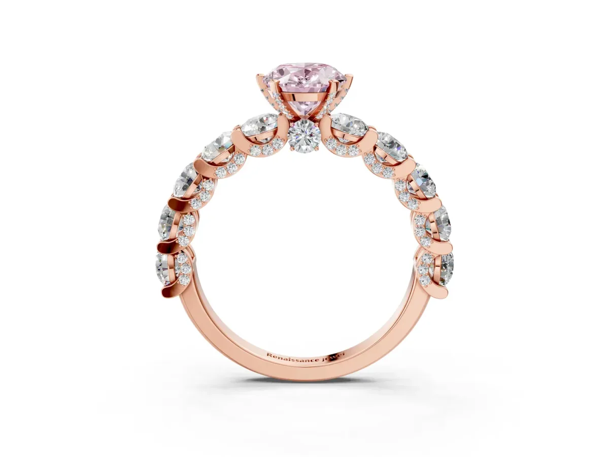Fancy Pink Oval Cut Diamond Side Stone Engagement Ring with Four-Prong Setting Rose gold