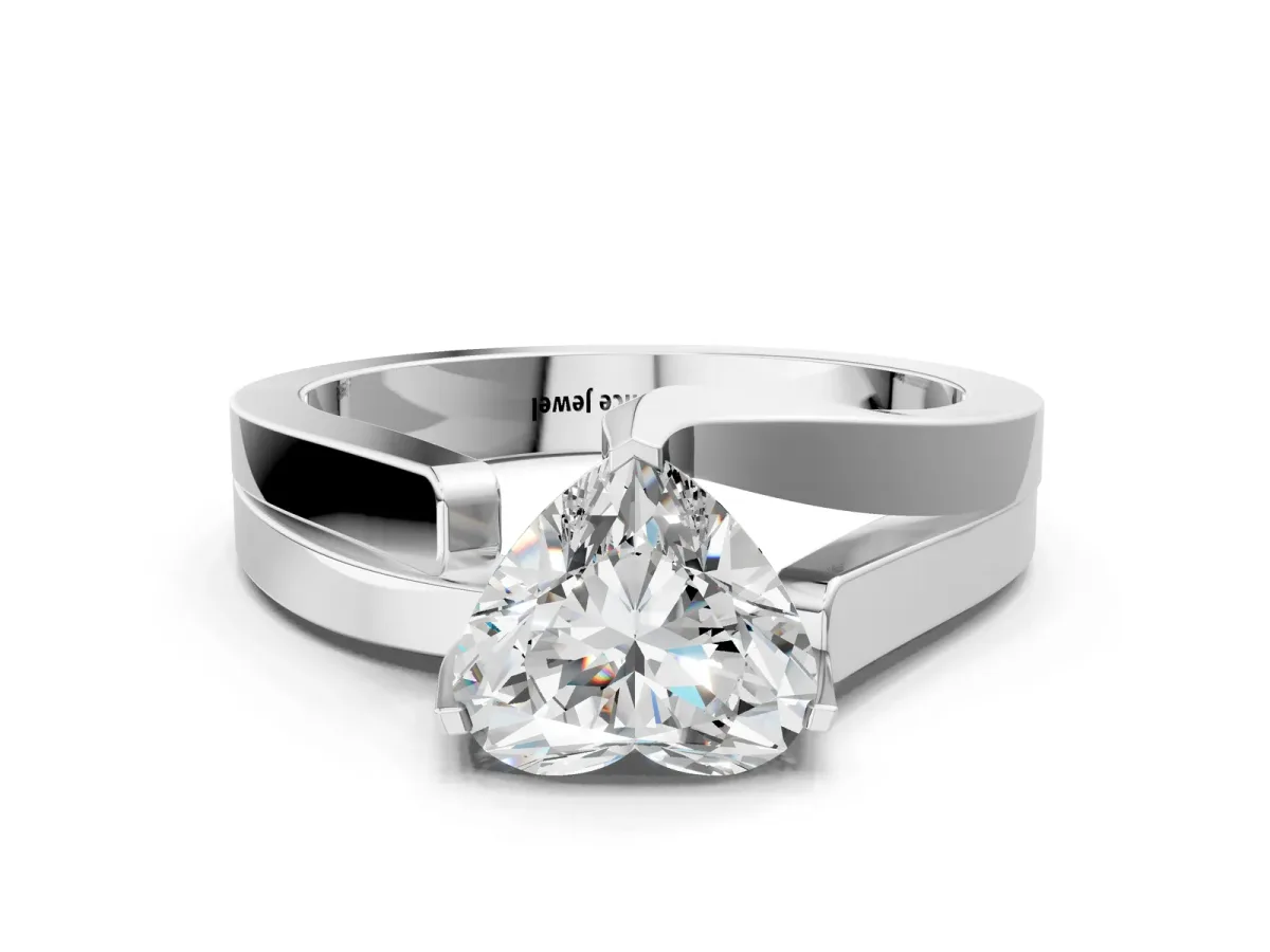 Modern Tension Set Heart Cut Diamond Solitaire Wide Band Ring Platinum