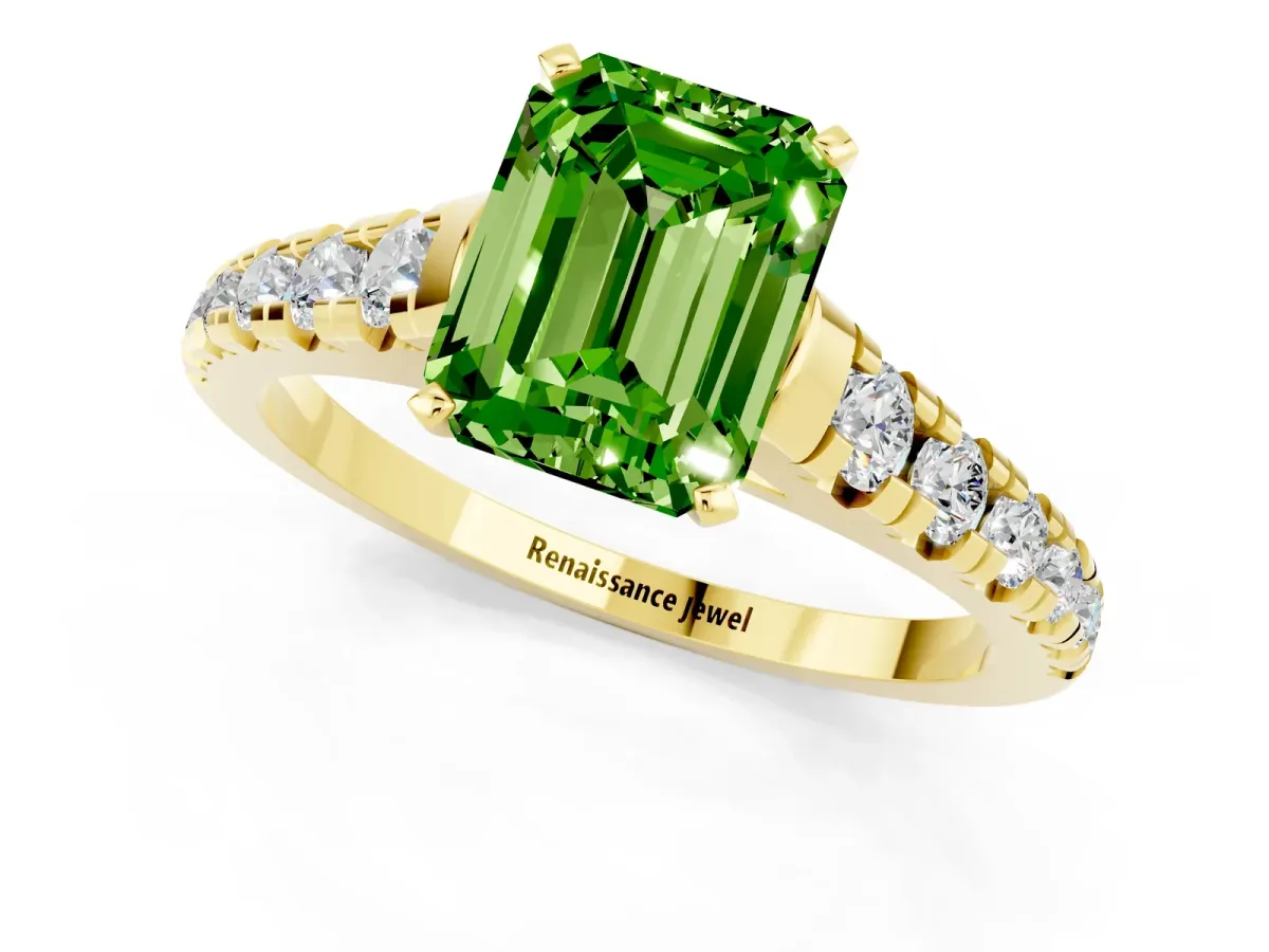 Emerald Cut Peridot Cathedral Solitaire Ring with Round Pavé Band Yellow gold