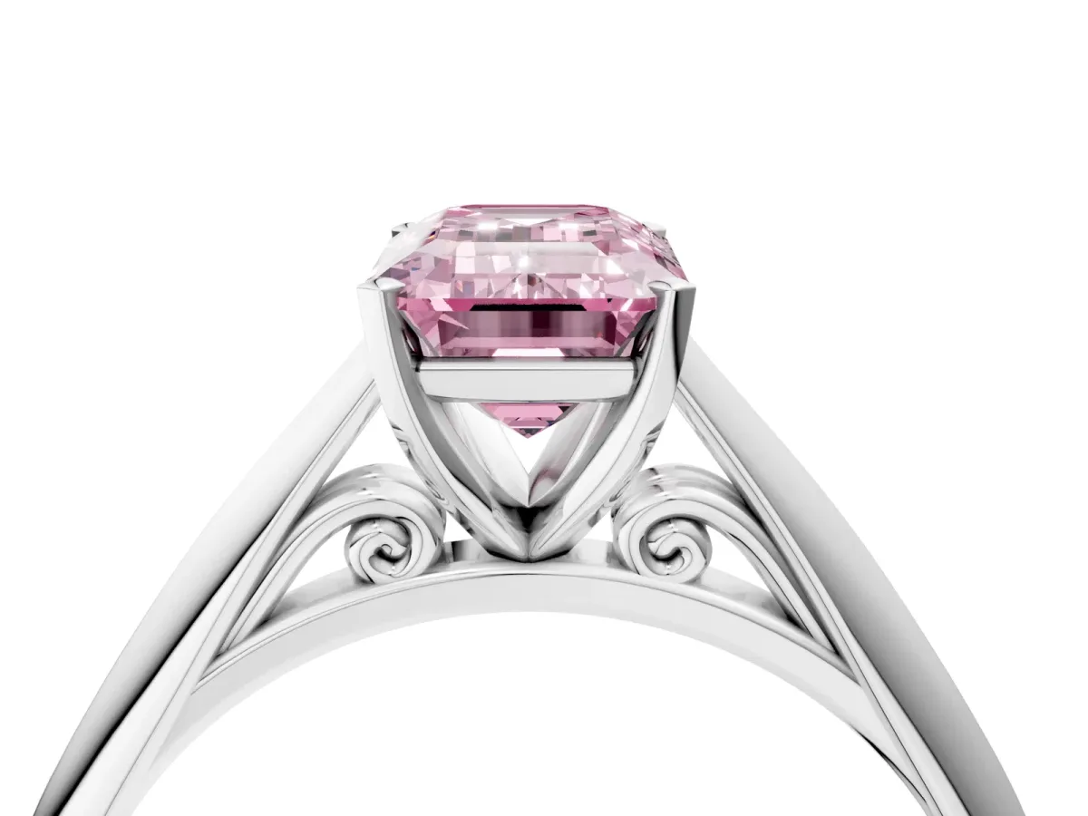 Fancy Pink Emerald Cut Diamond Solitaire Engagement Ring with Cathedral Setting and Four-Prong Mount White gold