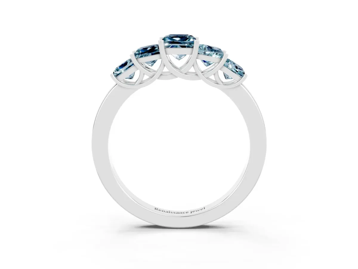 Princess Cut Five-Stone Aquamarine Ring with Classic Prong Setting White gold