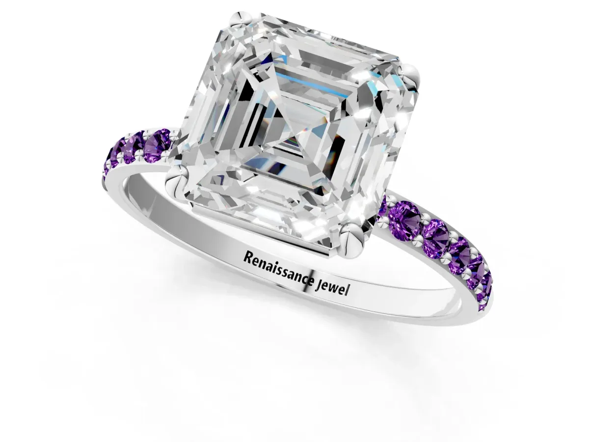Asscher Cut Diamond Solitaire Ring with Round Amethyst Pavé Band and Prong Setting Silver