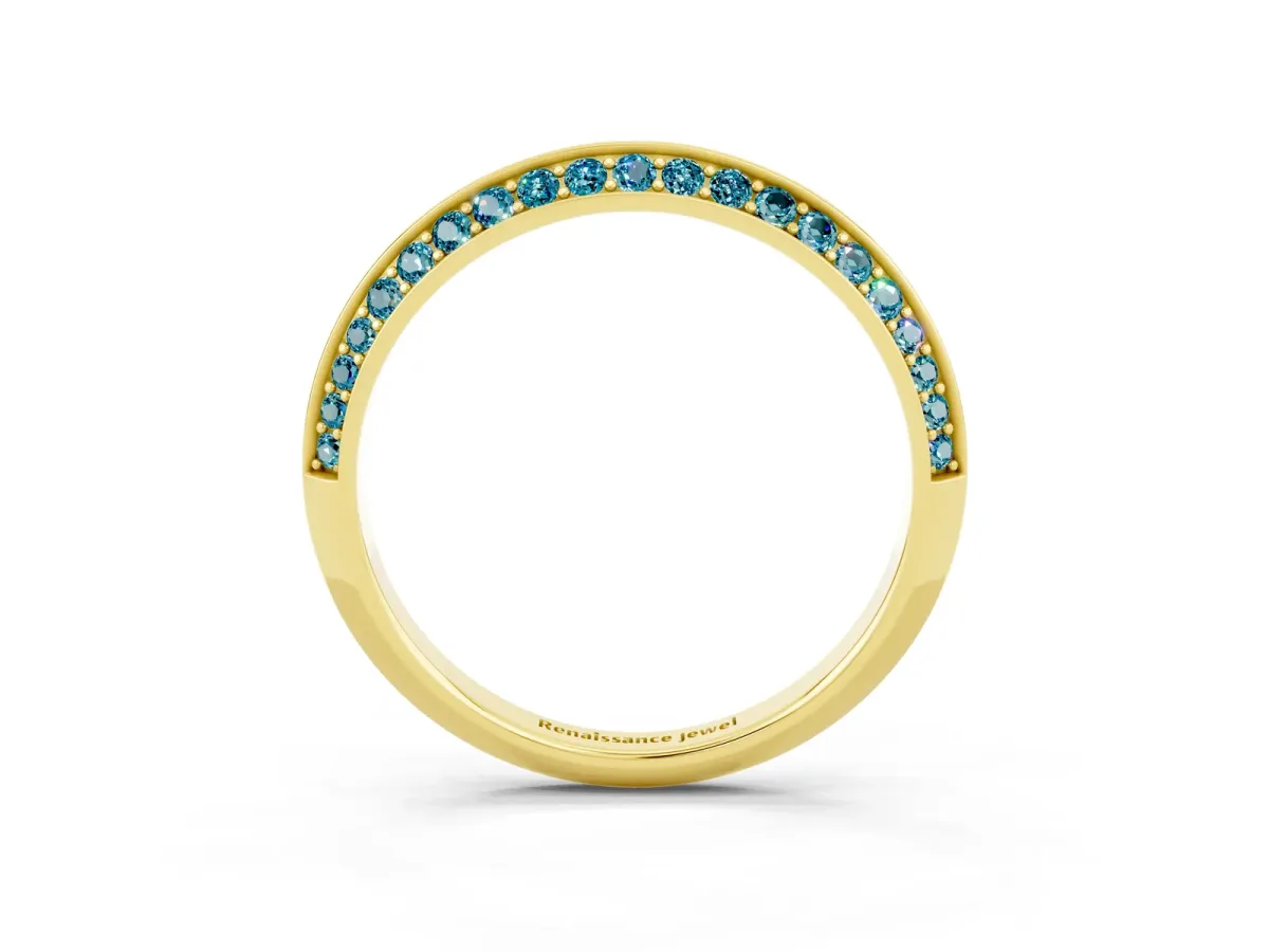 Double Row Pavé Round Blue Topaz Eternity Band with Channel Setting Yellow gold