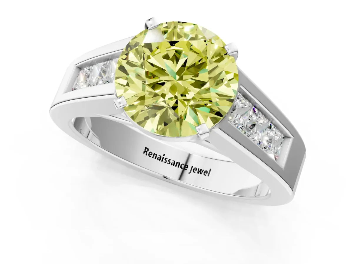 Fancy Yellow Round Cut Cut Channel Set Solitaire Ring with Four-Prong Setting Platinum