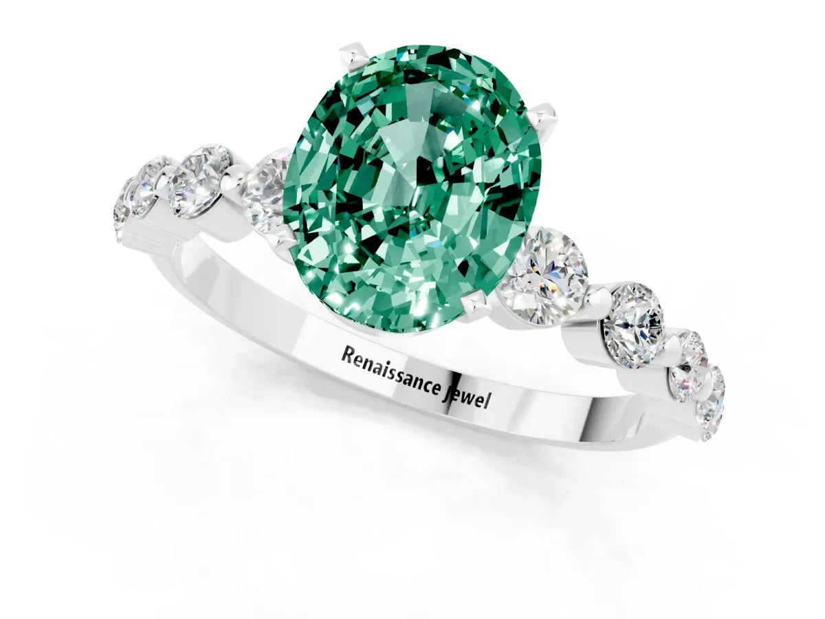 Oval Cut Solitaire Green Sapphire Ring with Pave Band and Four-Prong Setting Silver