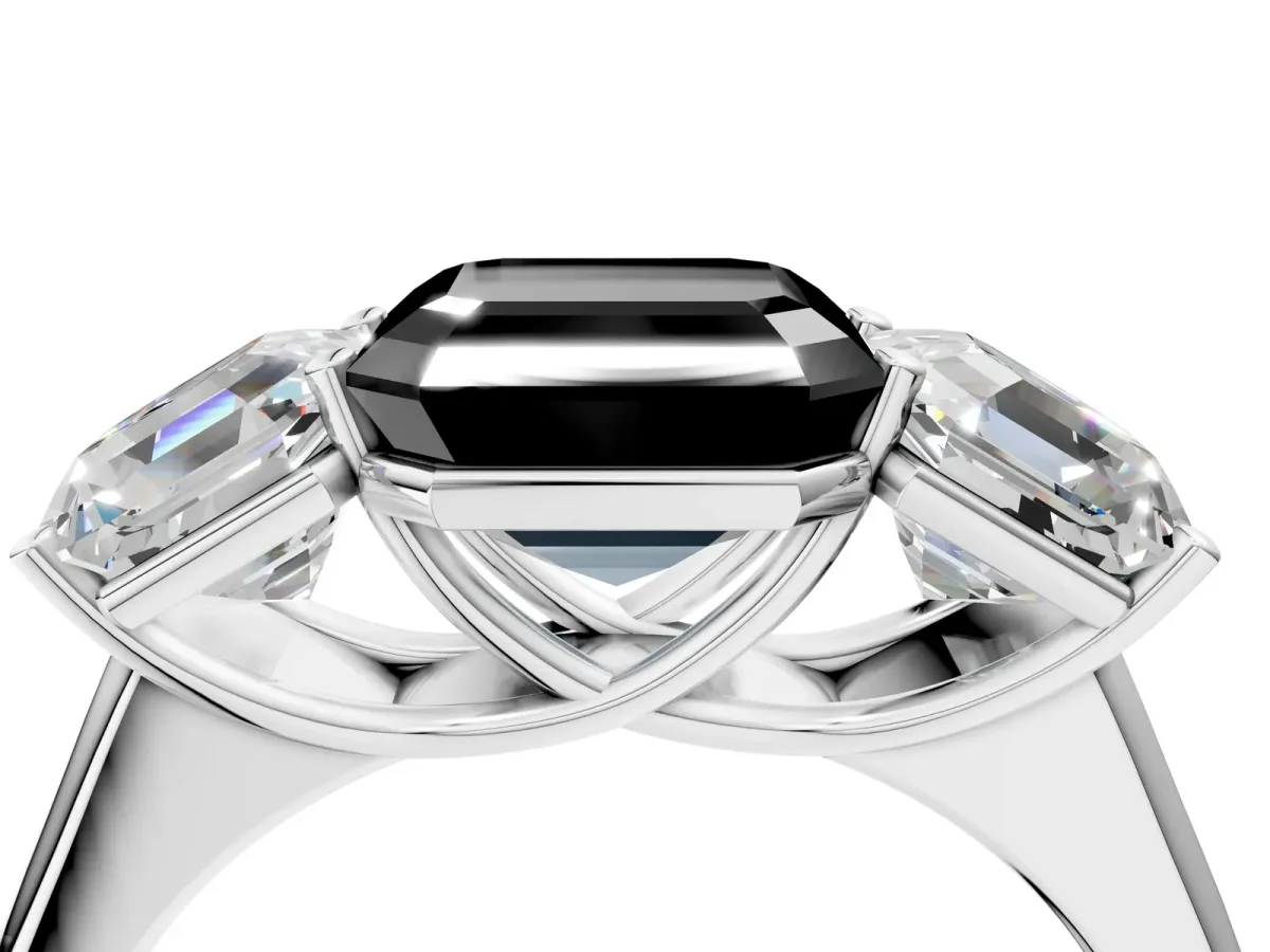 Fancy Black Asscher Cut Three-Stone Diamond Ring with Prong Setting on a Classic Band Platinum