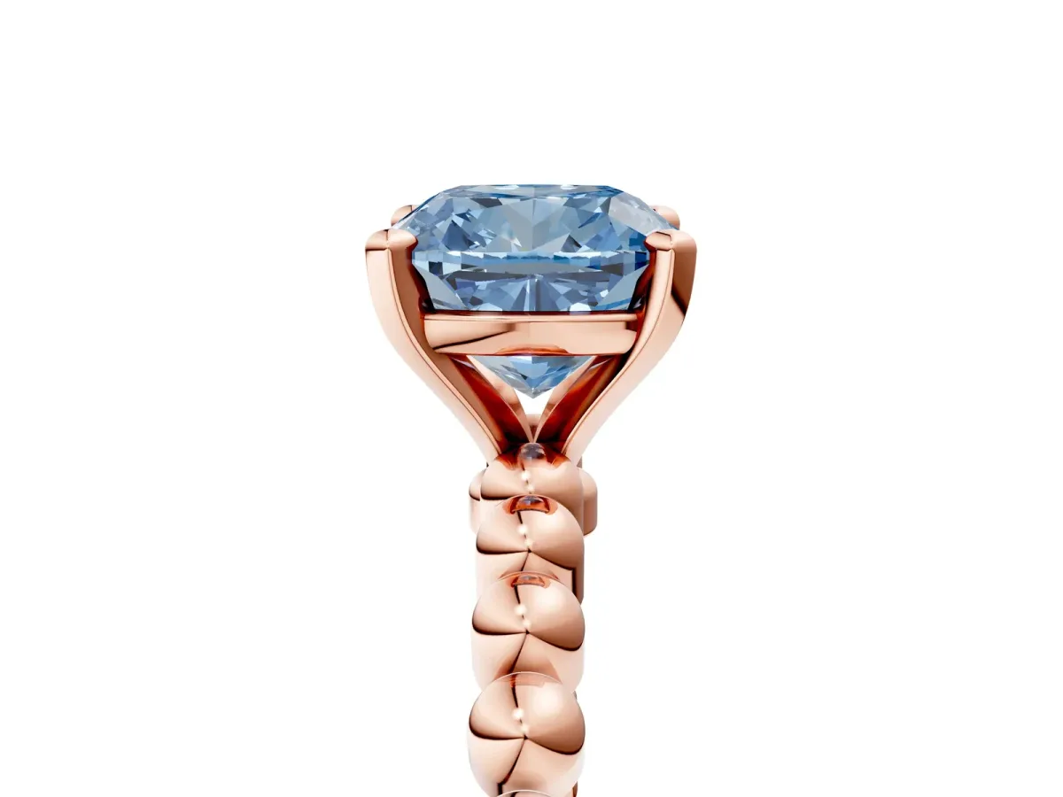 Fancy Blue Cushion Cut Diamond Solitaire Ring with Beaded Band and Prong Setting Rose gold