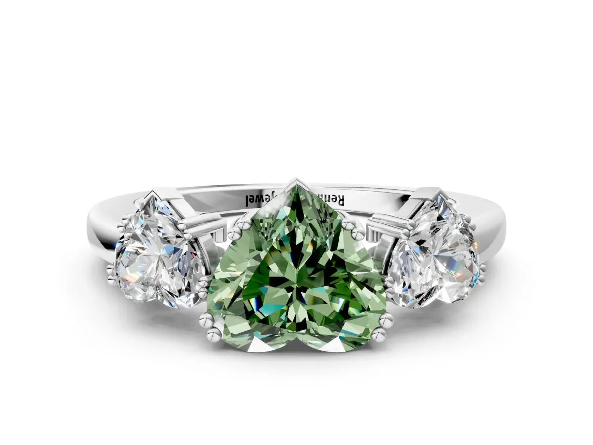 Fancy Green Three-Stone Heart Cut Cut Diamond Ring with Channel Set Band and Four-Prong Setting Silver