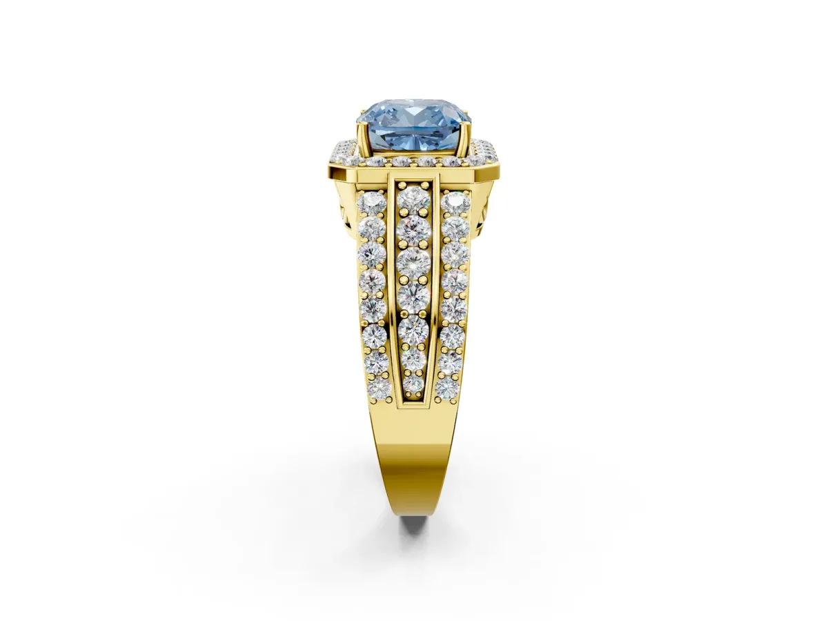 Fancy Blue Cushion Cut Halo Diamond Ring with Round Split Shank and Prong Setting Yellow gold