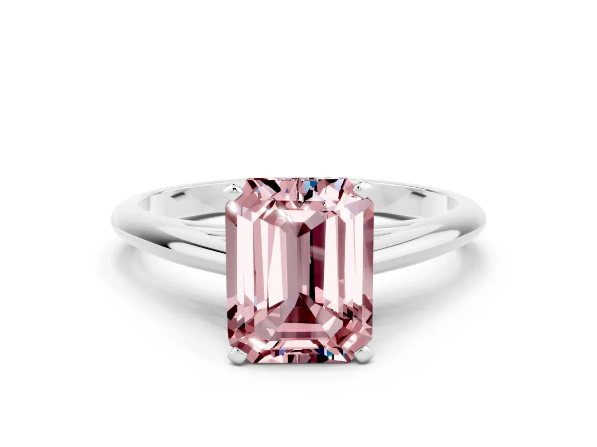 Emerald Cut Morganite Solitaire Engagement Ring with Cathedral Setting and Four-Prong Mount White gold