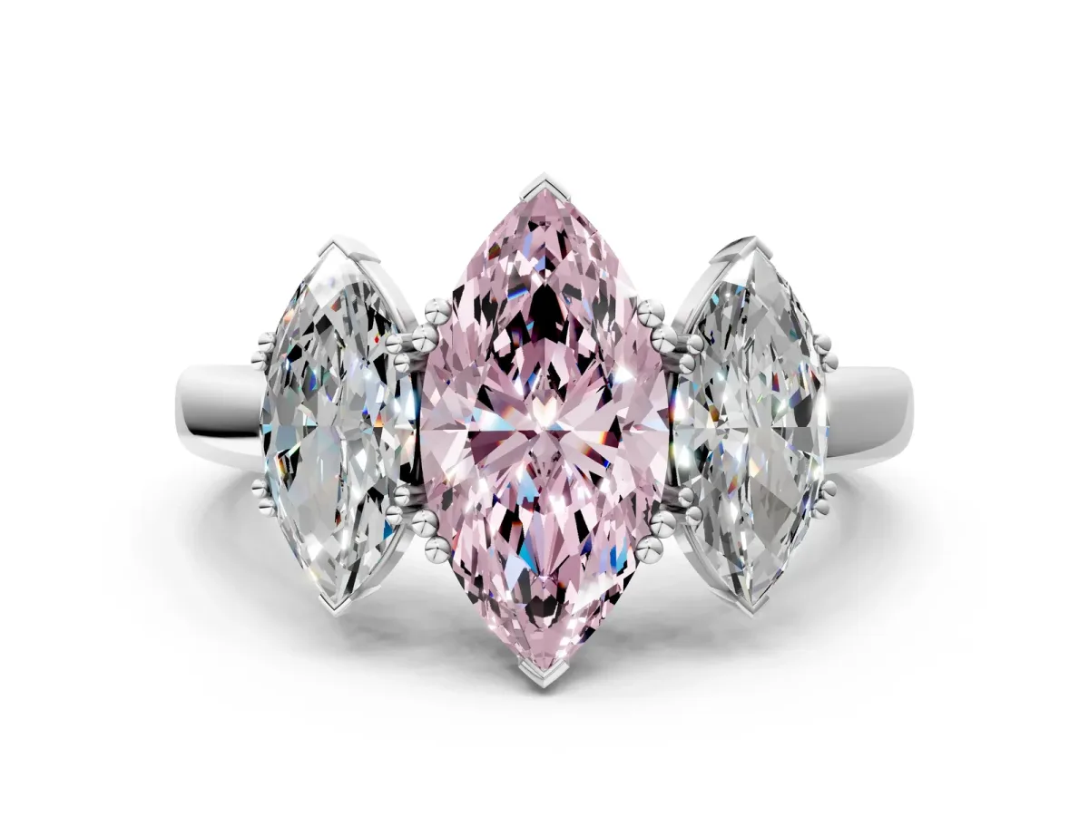 Fancy Pink Three-Stone Marquise Cut Cut Diamond Ring with Channel Set Band and Four-Prong Setting Silver