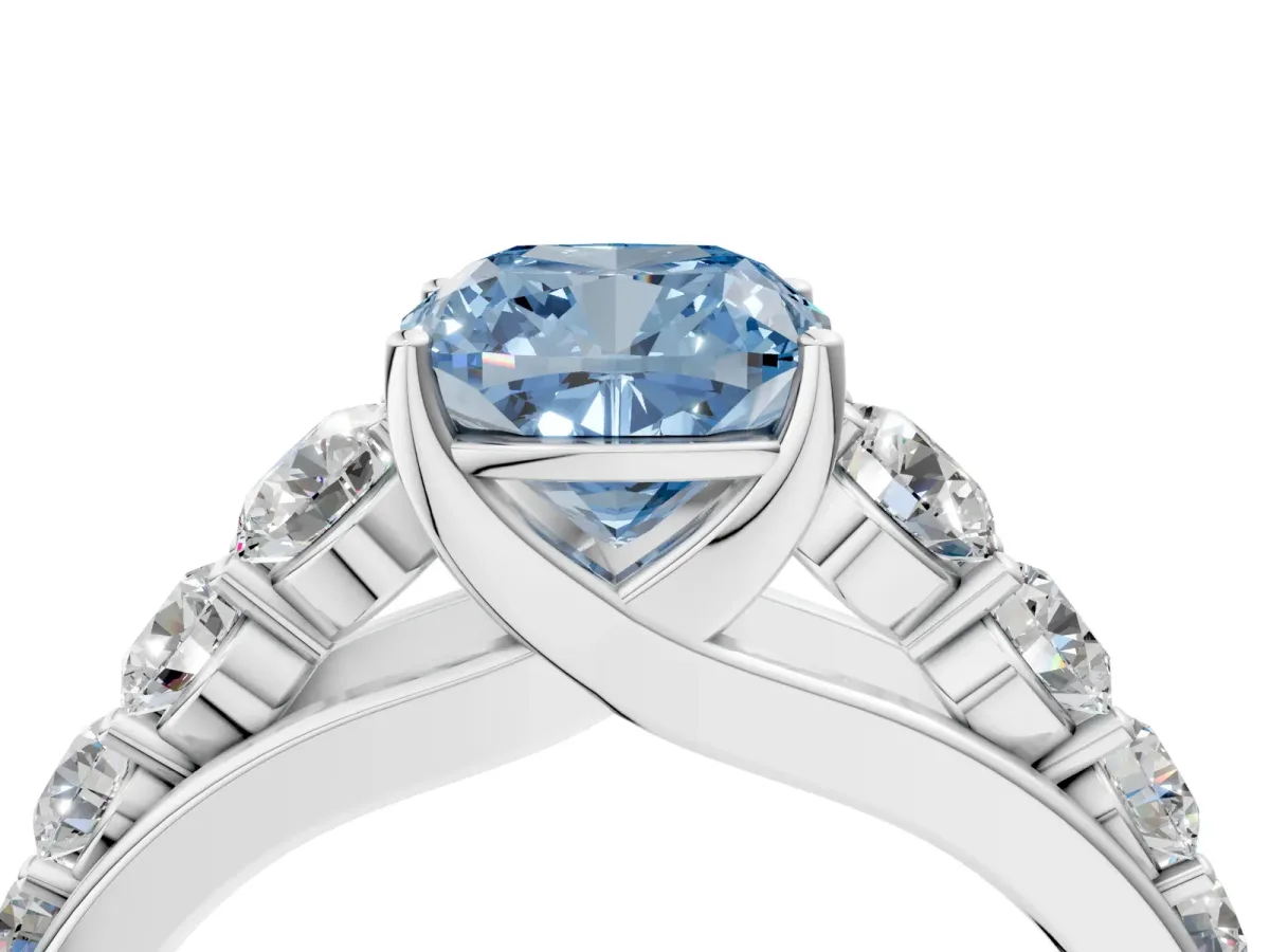 Fancy Blue Cushion Cut Brilliant Diamond Pavé Band with Six-Prong Setting Silver
