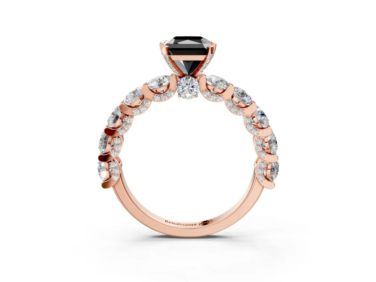 Fancy Black Radiant Cut Diamond Side Stone Engagement Ring with Four-Prong Setting Rose gold
