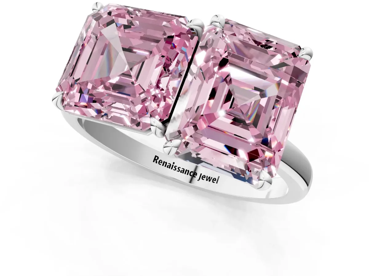 Fancy Pink Asscher Cut and Emerald Cut Toi Moi Ring with Prong Setting White gold
