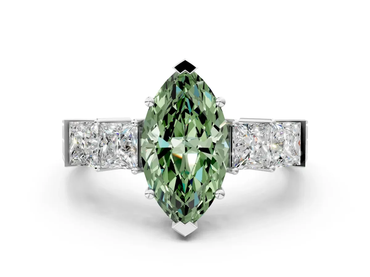 Fancy Green Marquise Cut Solitaire Princess Side Stone Engraved Band Prong Setting Ring Silver