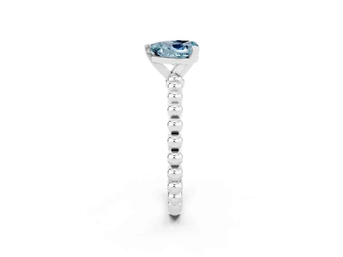 Heart Cut Aquamarine Solitaire Ring with Beaded Band and Prong Setting Silver