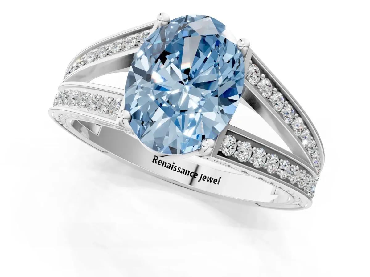 Fancy Blue Oval Cut Diamond Split Shank Ring with Pavé Band and Four-Prong Setting White gold