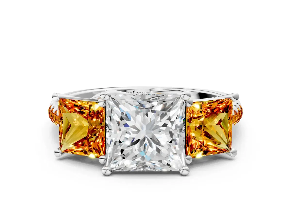 Three-Stone Princess Cut Diamond Ring with Round Citrine Pavé Band and Prong Setting Silver