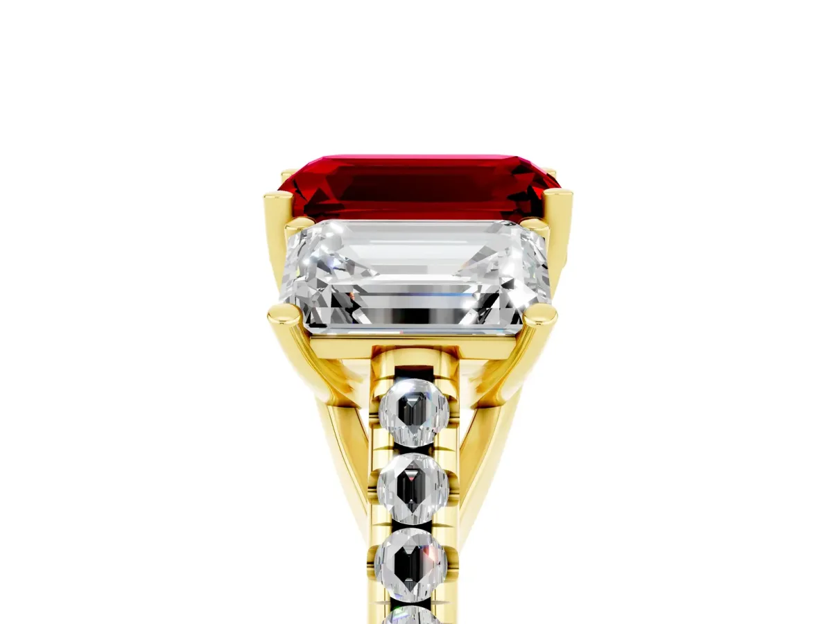 Three-Stone Emerald Cut Ruby Ring with Round Pavé Band and Prong Setting Yellow gold