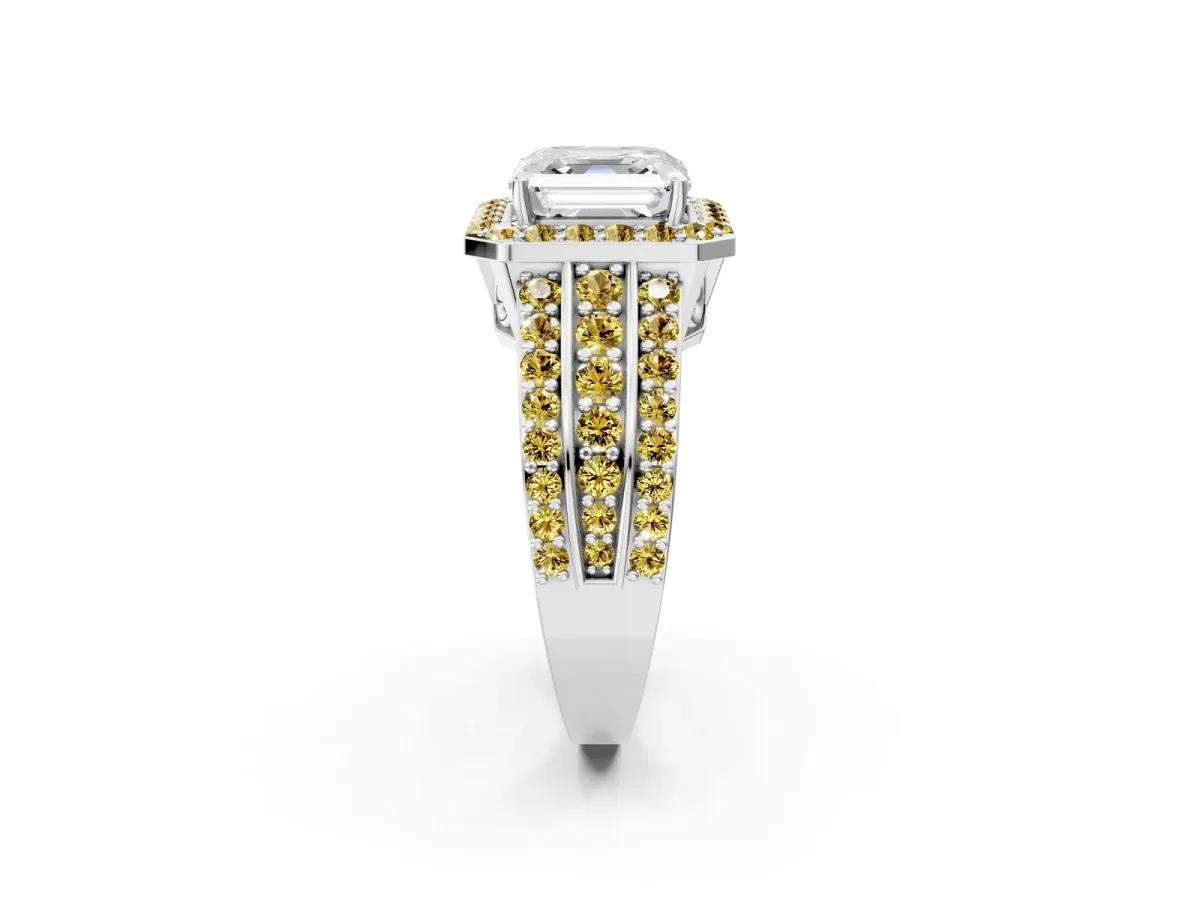 Asscher Cut Halo Diamond Ring with Round Yellow Sapphire Split Shank and Prong Setting Silver