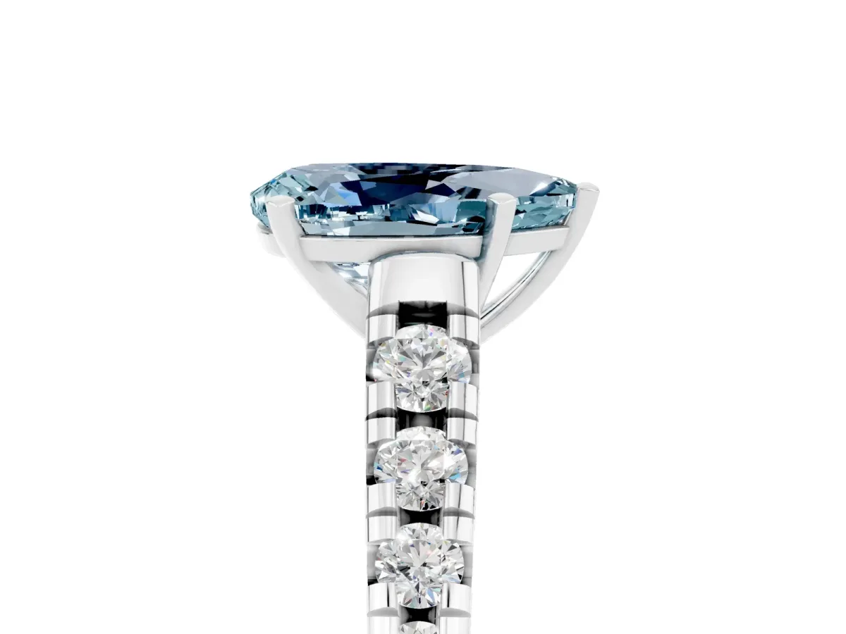 Pear Cut Aquamarine Cathedral Solitaire Ring with Round Pavé Band Silver