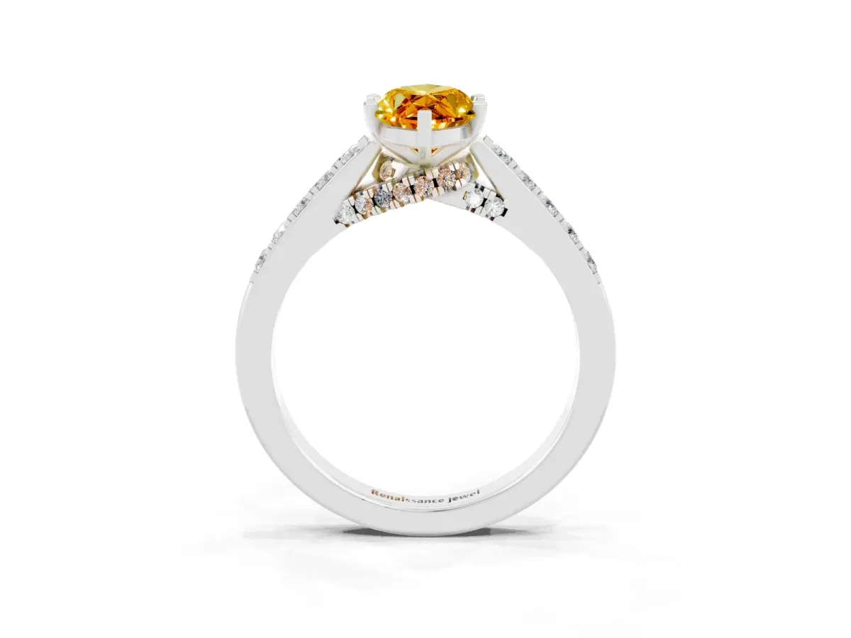 Marquise Cut Citrine Solitaire Ring with Crossover Gallery and Round Pavé Band Silver