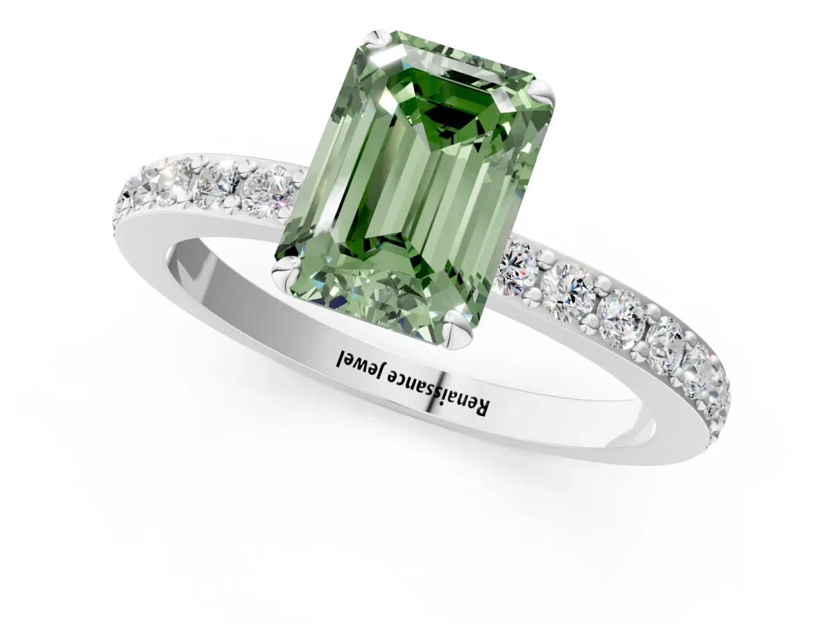 Fancy Green Emerald Cut Diamond Solitaire Engagement Ring with Pavé Band and Four-Prong Setting Silver
