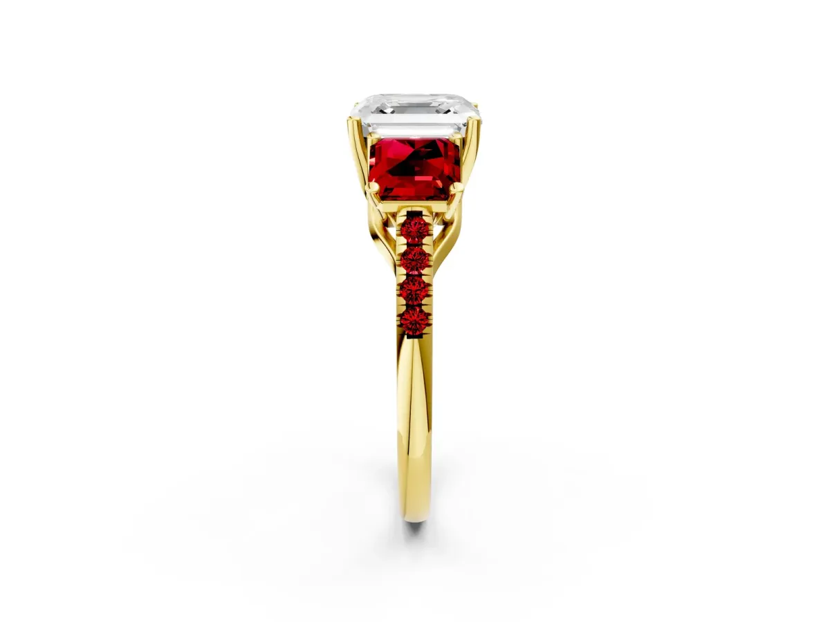 Three-Stone Asscher Cut Diamond Ring with Round Ruby Pavé Band and Prong Setting Yellow gold