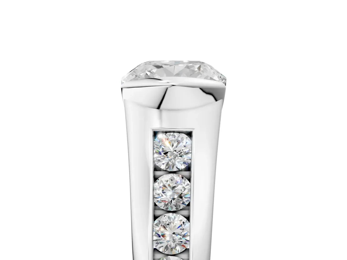 Cushion Cut Solitaire Bezel-Set Diamond Ring with Channel-Set Band Platinum