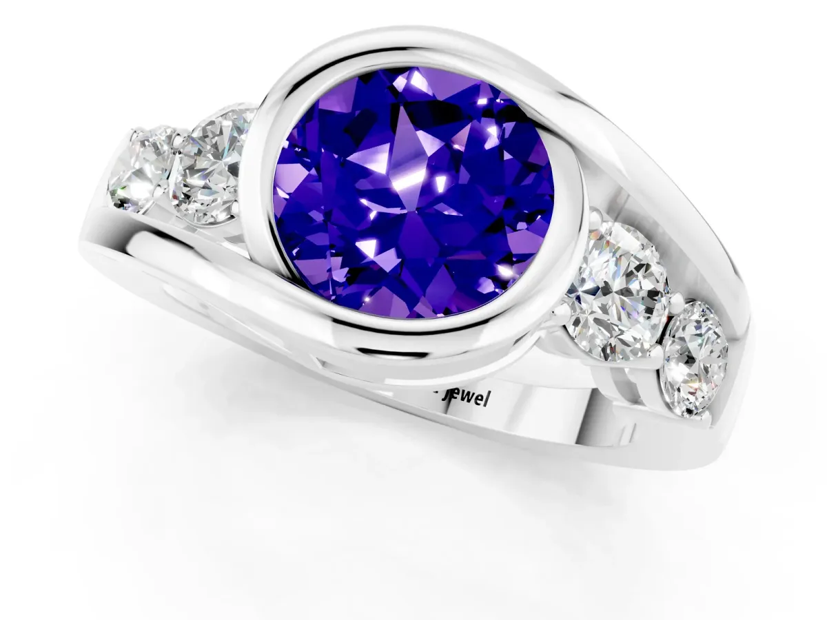 Bezel Set Round Cut Tanzanite Bypass Ring with Round Accents Platinum