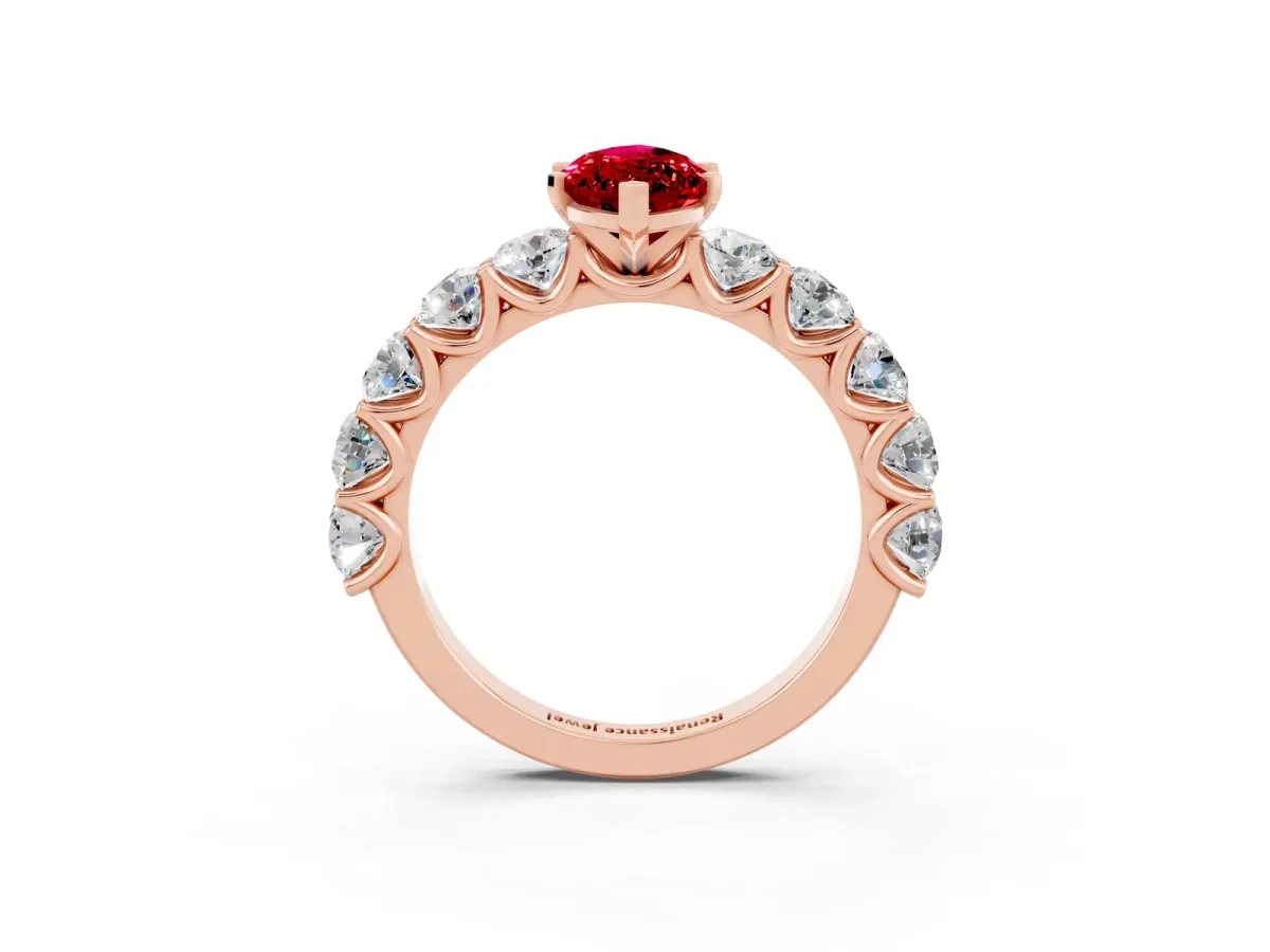 Marquise Cut Ruby Prong Setting with Side Stones on a Pave Band Rose gold