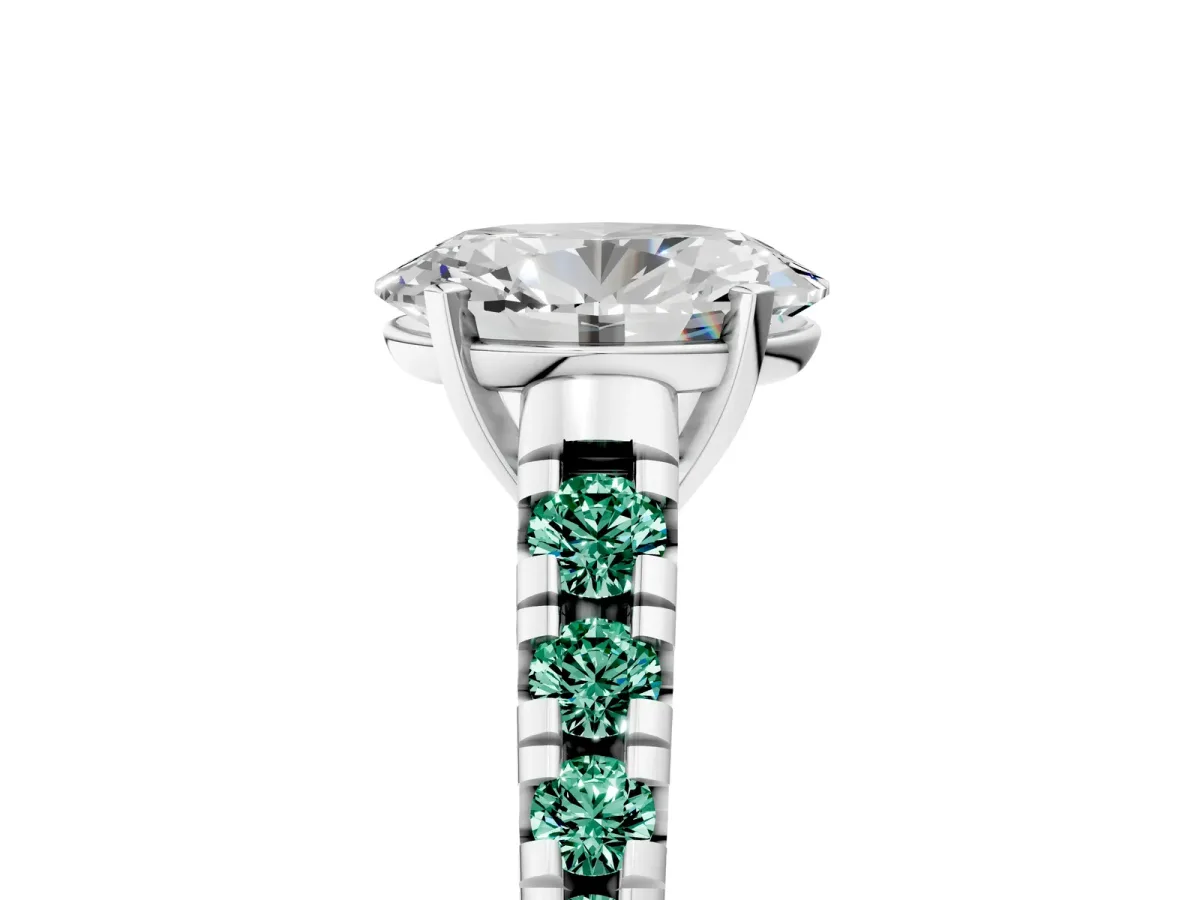 Oval Cut Diamond Cathedral Solitaire Ring with Round Green Sapphire Pavé Band Silver