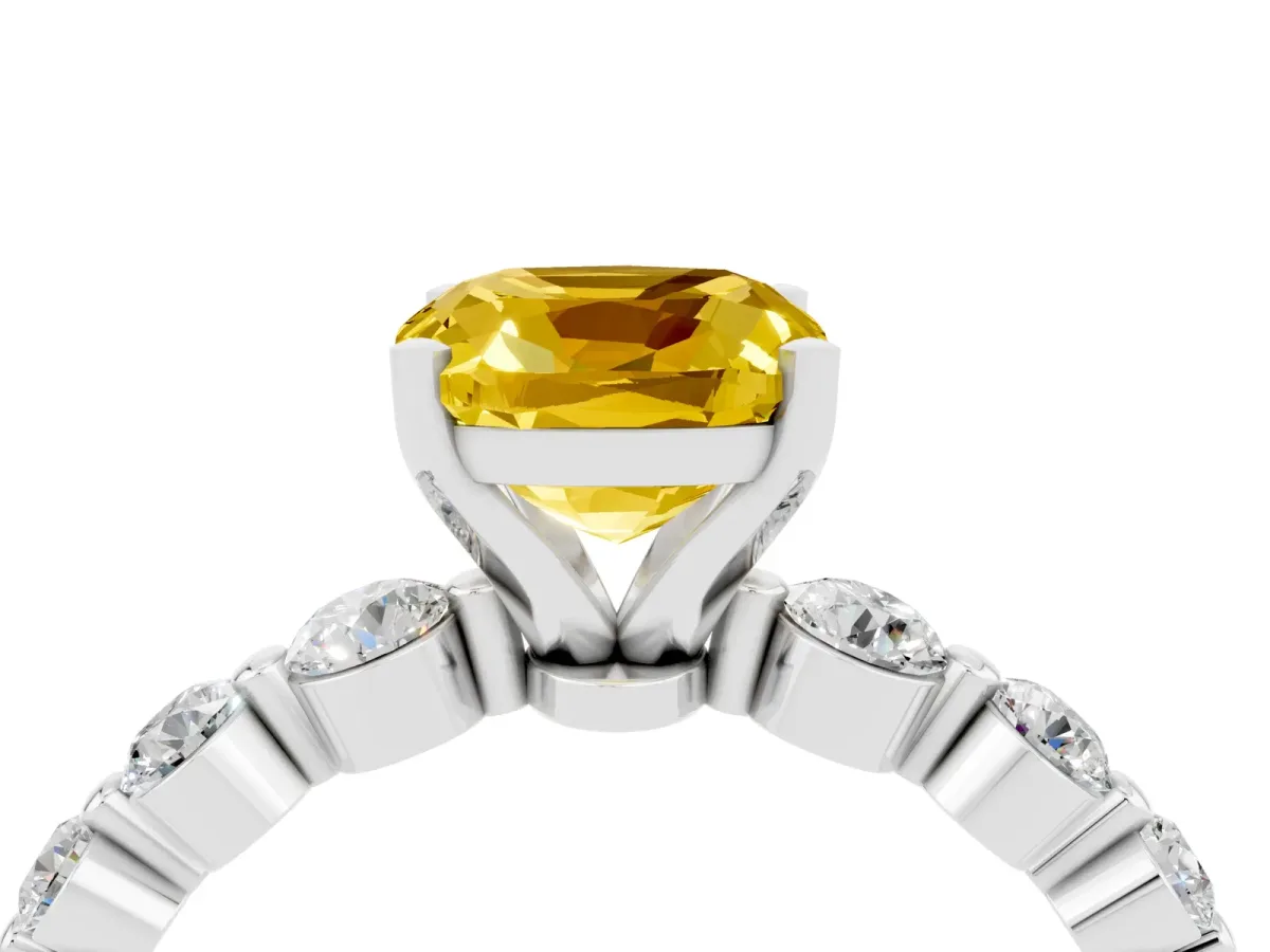 Cushion Cut Solitaire Yellow Sapphire Ring with Pave Band and Four-Prong Setting Silver