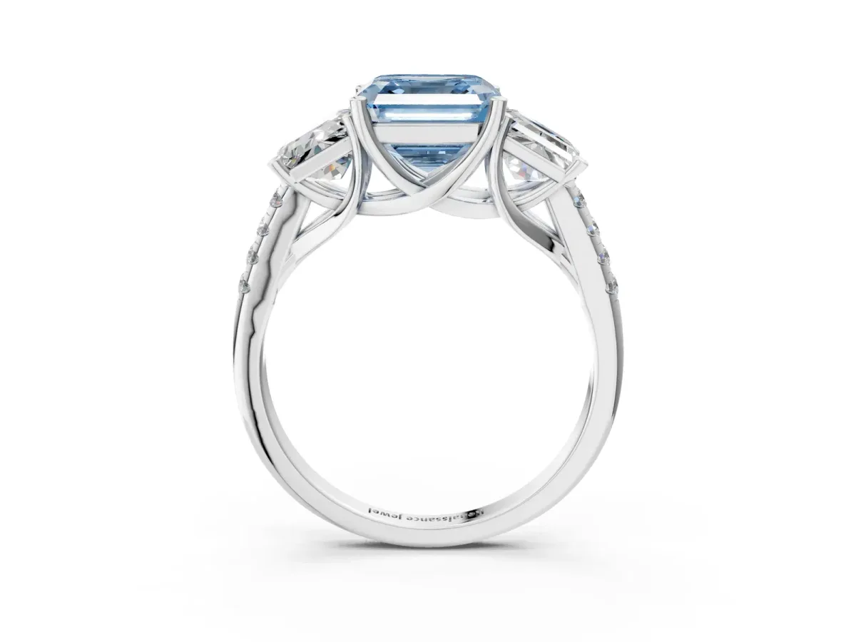 Fancy Blue Three-Stone Asscher Cut Diamond Ring with Round Pavé Band and Prong Setting Silver