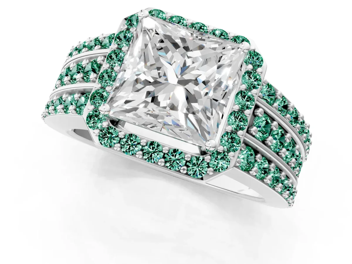 Princess Cut Halo Diamond Ring with Round Green Sapphire Split Shank and Prong Setting Silver