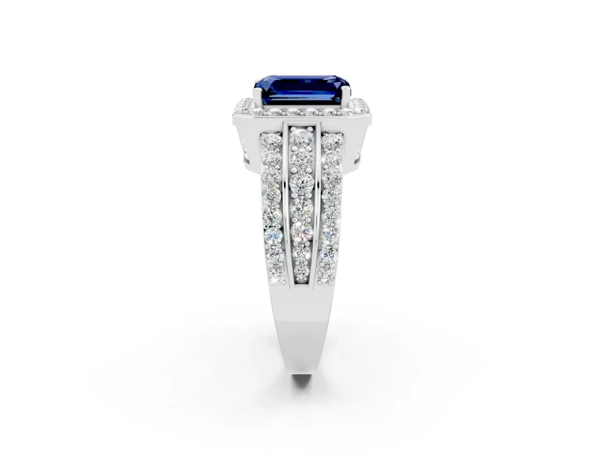 Emerald Cut Halo Blue Sapphire Ring with Round Split Shank and Prong Setting White gold