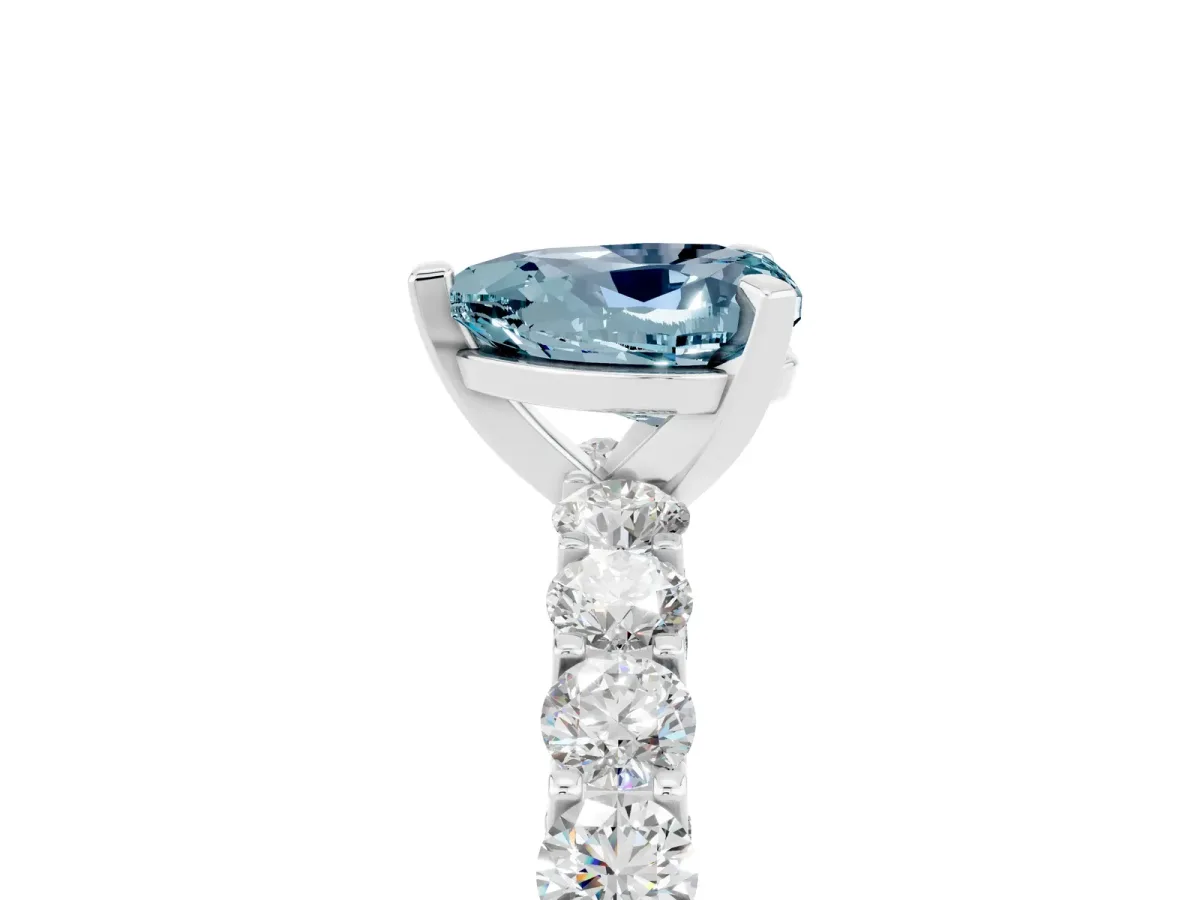 Heart Cut Aquamarine Solitaire Ring with Shared Prong Pavé Band and Four-Prong Setting Silver