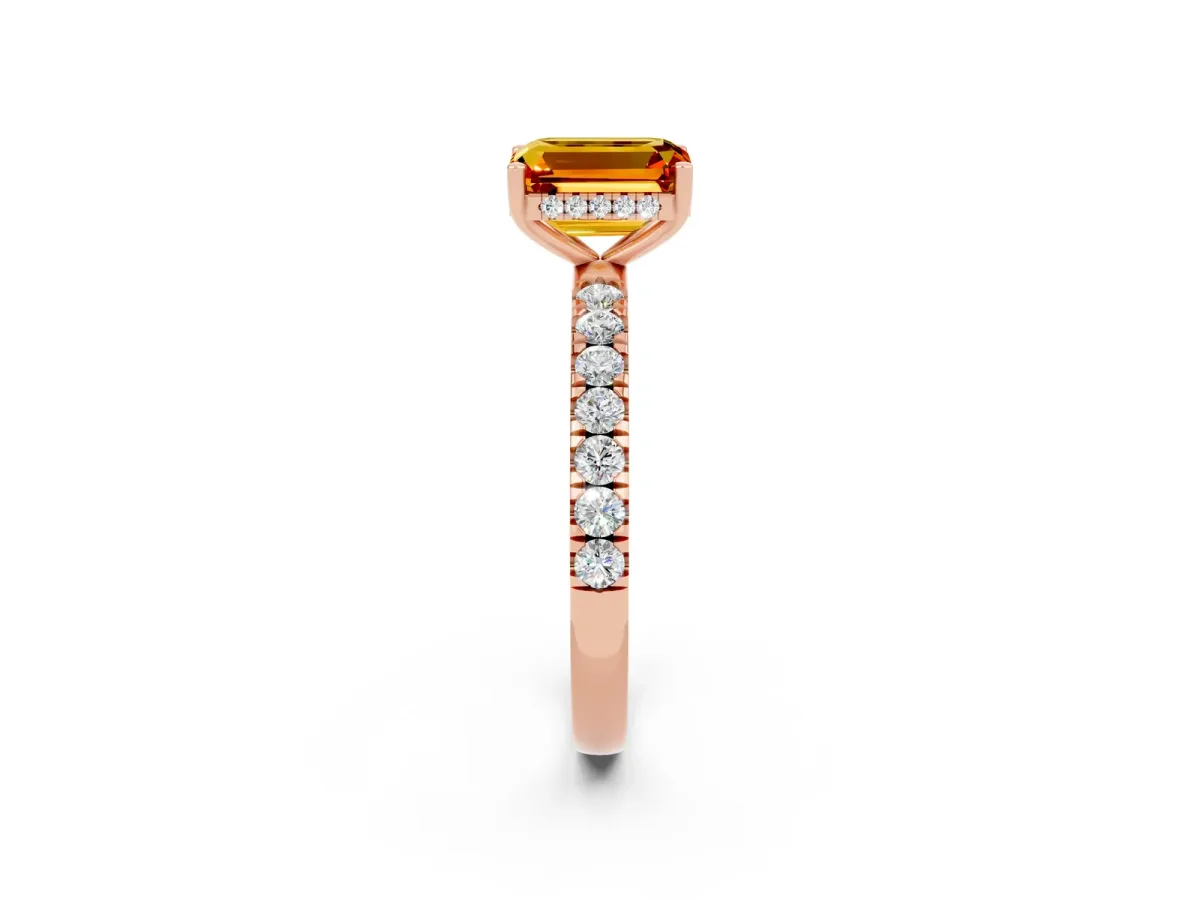 Emerald Cut Citrine Pave Band Solitaire Ring with Round and Prong Setting Rose gold