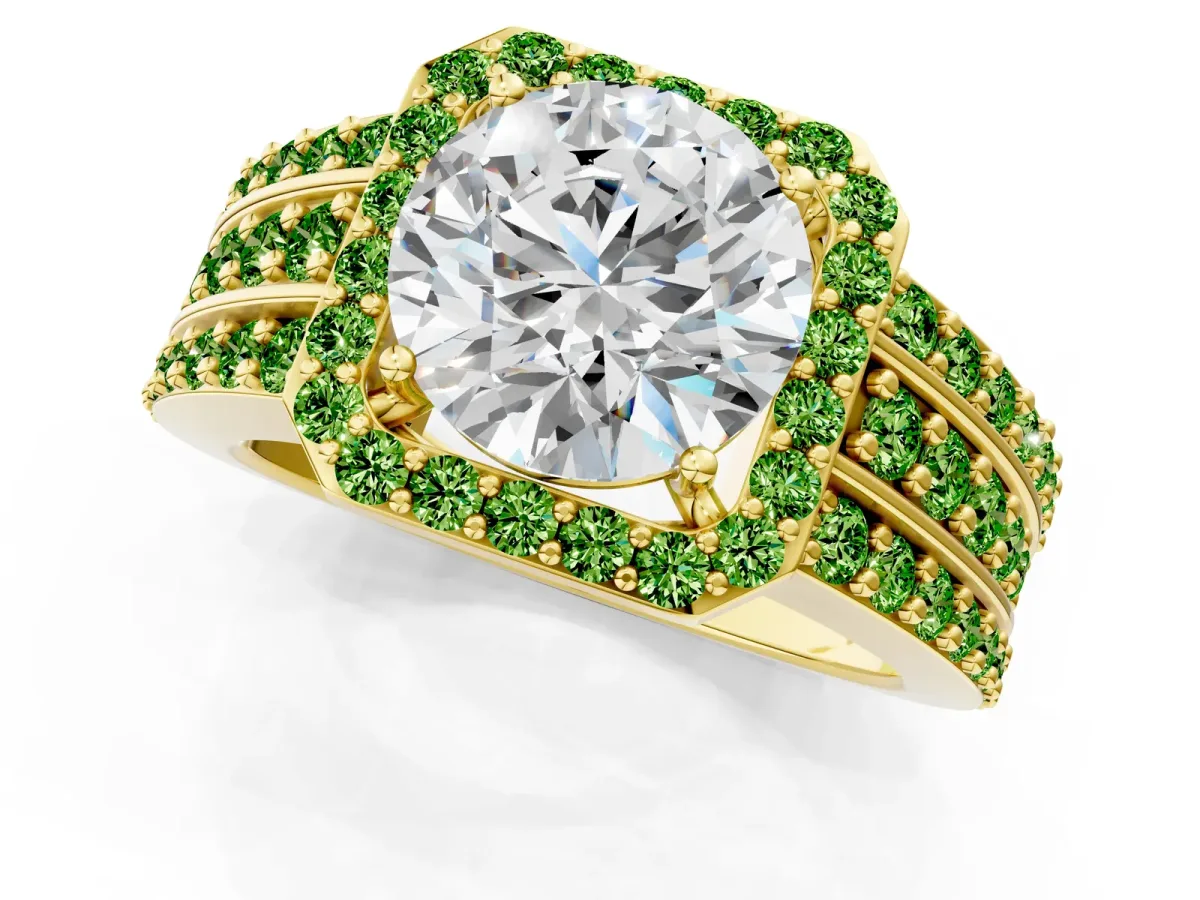 Round Cut Halo Diamond Ring with Round Peridot Split Shank and Prong Setting Yellow gold